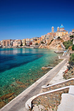 "Vaporia" neighborhood and Asteria beach at Ermoupolis town, the capital of Syros island, Cyclades, Greece.