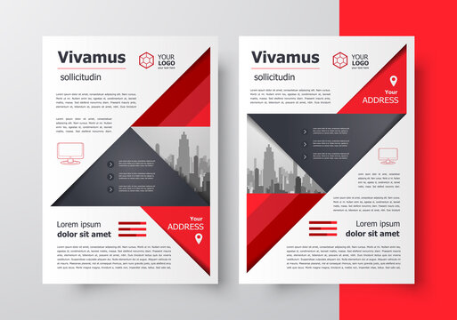 Flyer brochure design template set front and back, size A4 triangles theme red color