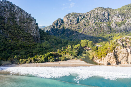 The sea and beach of Olympos (Olimpos) historic ancient city Hellenistic Roman Byzantine period. Kemer, Antalya, Turkey. Air view