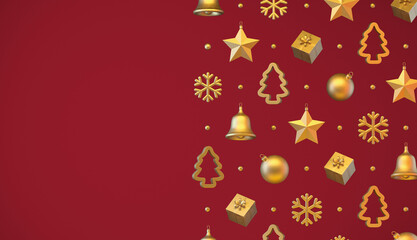 Fototapeta na wymiar Christmas red background with gold christmas balls, stars, snowflakes and decoration - 3d rendering
