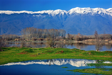 Snow capped Beles mountain, reflected on the surface ol lake Kerkini, Serres, Macedonia, Greece.