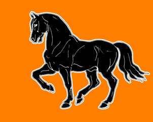 painted prancing horse, black silhouette on an orange background in antique style for decoration and stickers