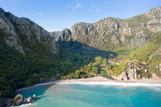 The sea and beach of Olympos (Olimpos) historic ancient city Hellenistic Roman Byzantine period. Kemer, Antalya, Turkey. Air view