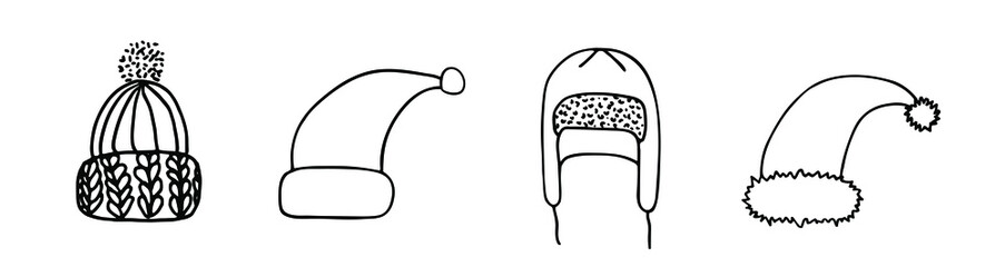 Winter hats hand drawn illustration. Headwear set. Knitted and Santa hat. Cold weather head protection.