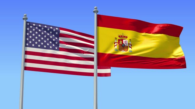 Spain and USA flag on flagpole excellent quality. Kingdom of Spain and The United States of America waving flag in wind. Endless Animation. LOOP CYCLE Animation.
