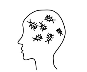 Cockroaches in my head. Human profile on a white background. Vector illustration.