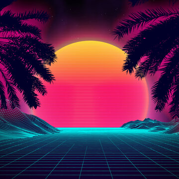3d sunset on the beach. Retro palms vector sci fi background. Digital landscape cyber surface. 80s party background.