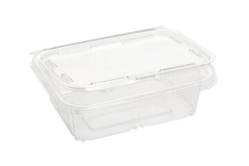 Disposable plastic transparent lunch box on white background.