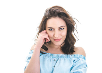 Head shot of young beautiful girl, isolated on white background. Close up brunette woman