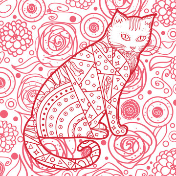 Square intricate background. Hand drawn patterned cat. Design for spiritual relaxation for adults
