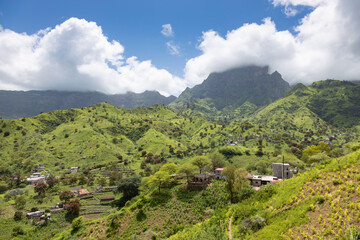 Naklejka na ściany i meble Mountainous green Santiago Island landscape in rain season in Cape Verde