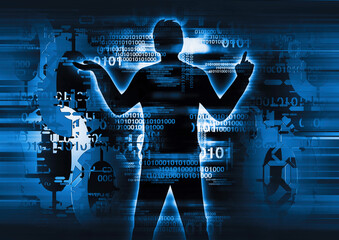 

Programmer, computer expert man silhouette.
Stylized male silhouette, programmer, computer expert  gesturing on a background of binary codes.