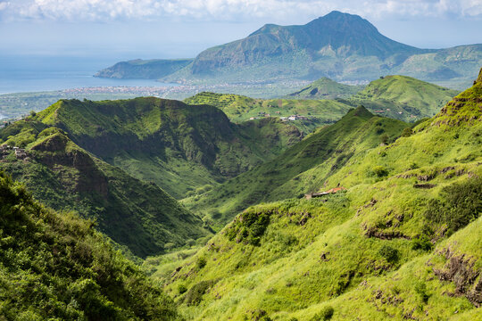 Mountainous green Santiago Island landscape in rain season in Cape Verde