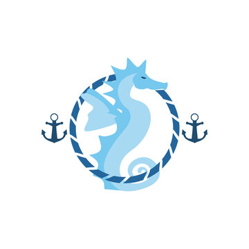 nautical seahorse in seal stamp with anchors vector design