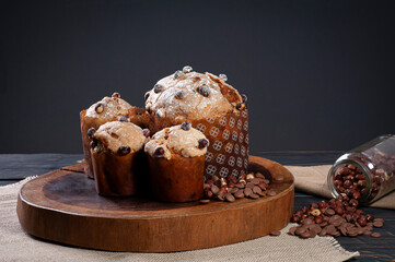.Delicious homemade panettone with natural fermentation. Chocolate and hazelnut filling.Copy space