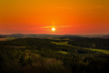Panorama of aerial view at sunset over Czech countryside.