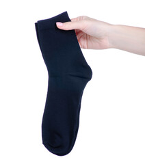 male socks in hand on white background isolation