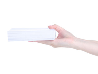 Stack Photo paper in hand on white background isolation
