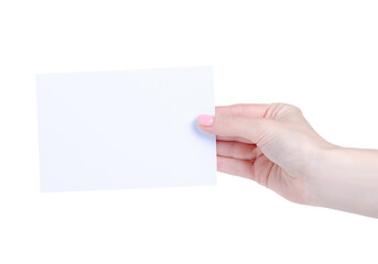 Fototapeta premium Empty white paper card in hand on white background isolation