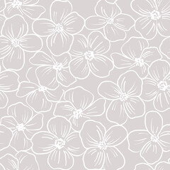 Contoured floral seamless pattern. Simple minimalistic style. Blossoming branches of trees. Outline of flowers. Symbol of spring.