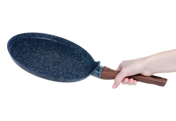 Pancake pan utensil in hand on white background isolation
