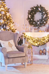 Beautiful Christmas interior decoration for family celebration with pine tree, armchair, fireplace