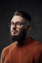 Bearded manly hipster with stylish hairstyle and beard posing in dark background weared with glasses.