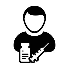 Patient icon vector with vaccine syringe male user person profile avatar symbol for medical and healthcare treatment in a glyph pictogram illustration