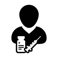 Vaccine user icon vector with syringe male person profile avatar symbol for medical and healthcare treatment in a glyph pictogram illustration