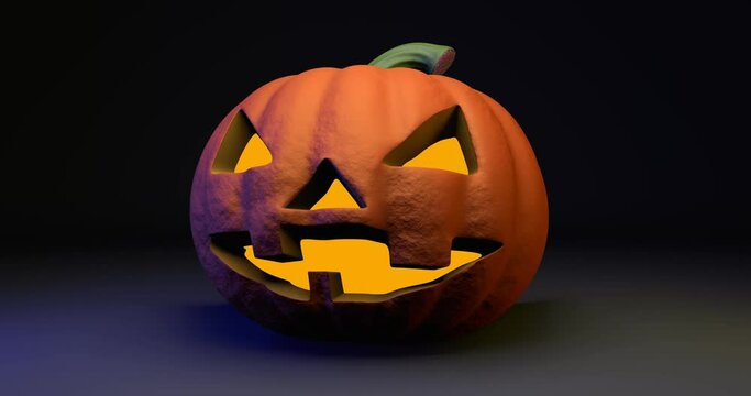 Halloween spooky pumpkin in darkness with light animation. Orange glow light inside of carved pumpkin. 3D object as photo-realistic render.