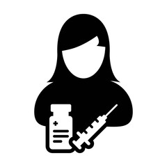 Treatment icon vector with vaccine syringe male user person profile avatar symbol for medical and healthcare in a glyph pictogram illustration
