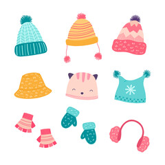 Set winter accessories, hats, mittens. Cartoon vector illustration.