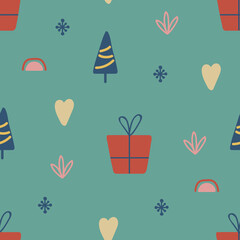 Christmas seamless pattern with tree, gift, rainbow. Hand drawn unique texture for greeting card. Winter Holiday design elements. Celebration party decoration. Social media cover. Vector illustration