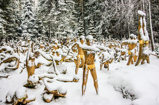 Winter landscape in Patsaspuisto (Mystical forest). 500 sculptures of self-taught artist. Koitsanlahti, Parikkala, Finland.