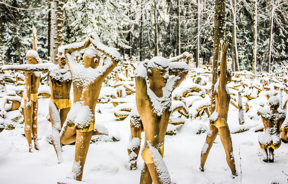 Winter landscape in Patsaspuisto (Mystical forest). 500 sculptures of self-taught artist. Koitsanlahti, Parikkala, Finland.