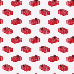 Seamless Christmas pattern with gift box on light background, 3d rendering