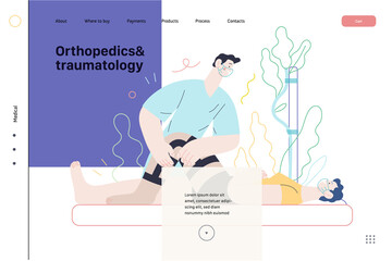 Medical insurance - orthopedic and traumathology -modern flat vector concept digital illustration - an orthopaedist attaching the orthosis to a lying female patient, medical office or laboratory