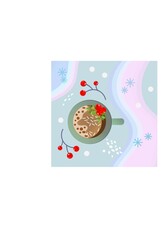 Modern Christmas pink-blue background with a cup of coffee and holly berry leaves. Vector decorative composition. View from above.
