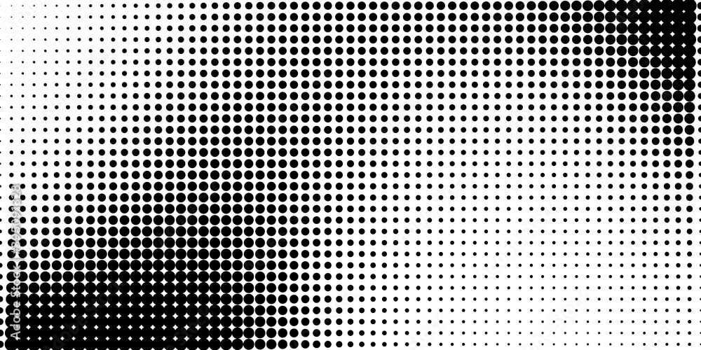 Poster Halftone in abstract style. Geometric retro banner vector texture. Modern print. White and black background. Light effect.