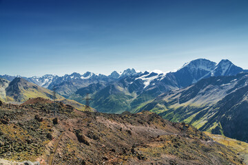 Naklejka premium Sunny view of stone valley from mountain Elbrus, North Caucasus, Kabardino-Balkaria, Russia.