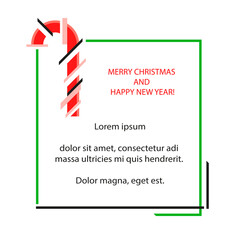Merry Christmas and Happy New Year! Template of greeting card in minimal geometric design with rectangle frame and candy cane on white background.  - 395092569