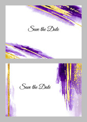Purple with gold horizontal background and template set for posters and Birthday, wedding, invitation, business cards. Hand drawn watercolor illustration