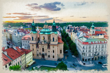Fototapeta na wymiar Watercolor drawing of Top aerial view of Prague Old Town Square Stare Mesto historical city centre