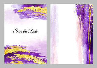 Purple with gold vertical background and template set for posters and Birthday, wedding, invitation, business cards, Hand drawn watercolor illustration