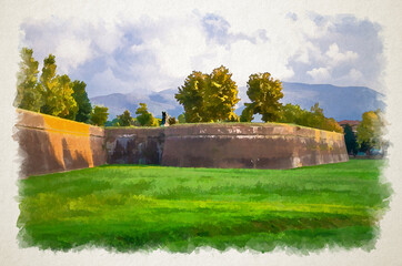 Watercolor drawing of Defensive brick city wall, grass green lawn, trees and Tuscany hills - obrazy, fototapety, plakaty