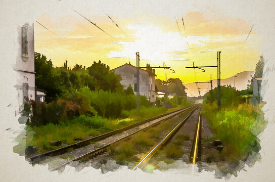 Watercolor drawing of Railway tracks with old buildings on sides, wires above and Tuscany hills