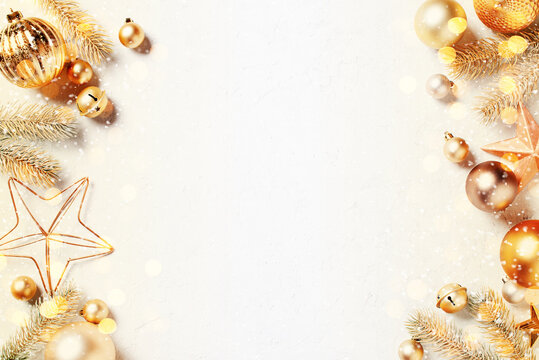 White festive Christmas background with golden decoration