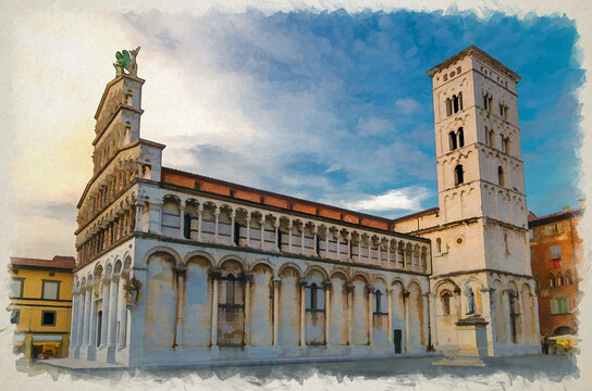 Watercolor drawing of Chiesa di San Michele in Foro St Michael Roman Catholic church of old medieval town Lucca