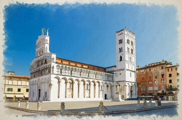 Obraz premium Watercolor drawing of Chiesa di San Michele in Foro St Michael Roman Catholic church of old medieval town Lucca