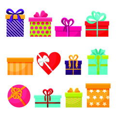 Isolated gifts item set, vector. Bright and colorful boxes of different sizes. Various colors and prints